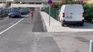 Big Boobed Exhibitionist Runs Pantyless Through City Streets